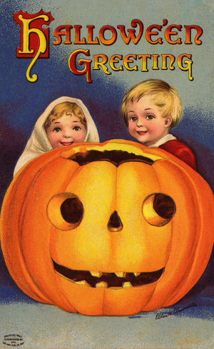 Halloween Greeting, Kids Behind Pumpkin, 1912 (colour litho)
