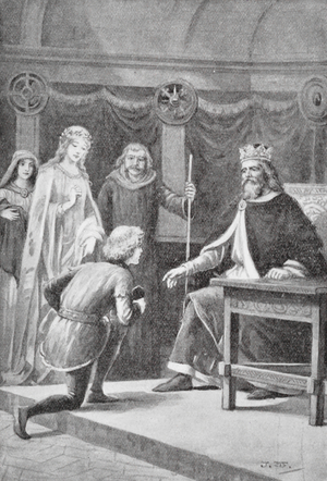 Gareth came to ask for his second favour, that he should be one of the King's knights, and be allowed to help the lady (litho)