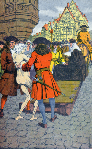 France, persecution of a Protestant noblewoman in the early 18th century (Mme de Montalembert promenee nue sur la dalle), c.1900 (illustration)
