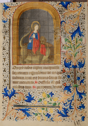 Ms 38 fol.33r Queen Margaret in a dungeon with a demon, from the Hours of Jeanne de Bourbon, c.1475 (gouache, bodycolour and gilding on vellum)