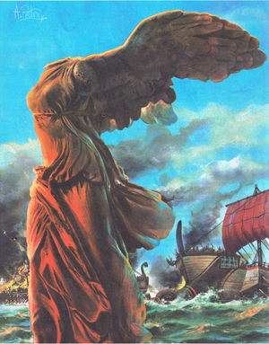 Greek sculpture at Louvre which honours the Greek victories at Salamis and Cypros 306 BC, from Knowledge Magazine, 1963 (colour litho)