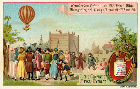 Invention of the hot air balloon by the Montgolfier Brothers, France, 1783 (chromolitho)