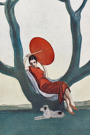 Woman sitting on a Tree with a Red Parasol. La Lettura, July 1, 1925, Illustration for the cover  of the magazine La Lettura, 1924 (letterpress print) Detail.