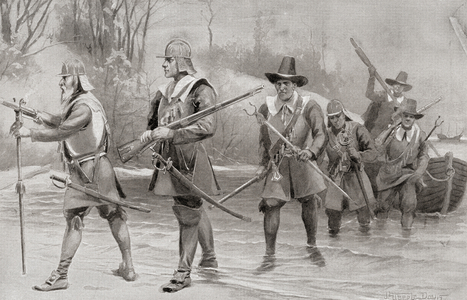 The landing of Myles Standish on the shore of Cape Cod in 1620, prior to the establishment of the Plymouth Colony, North America. Myles Standish, also Miles, c. 1584  1656.  English military officer hired by the Pilgrims as military advisor for Plymouth Colony.  From The History of Our Country, published 1899