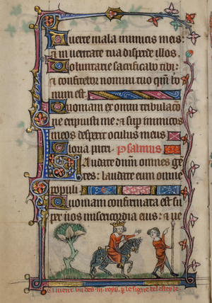 Bas-de-page-scene of one of the three Magi on horseback, led by a servant holding a spear, with a caption reading 'Cy vient un des .iii roys p[ar] le signe del esteyle'