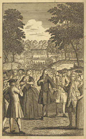 Plate for the play, 'The London merchant: or the history of George Barnwell'.
George Barnwell and Sarah Millwood before their public execution.