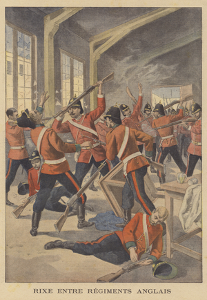 A brawl between soldiers of two British regiments (colour litho)