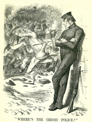 Where's the (Irish) Police?: William Gladstone, British Prime Minister, watching the unrest in Ireland and waiting to intervene. In April a new Irish Peace Preservation Act was passed by Parliament. John Tenniel cartoon from Punch, London, 12 March 1870.