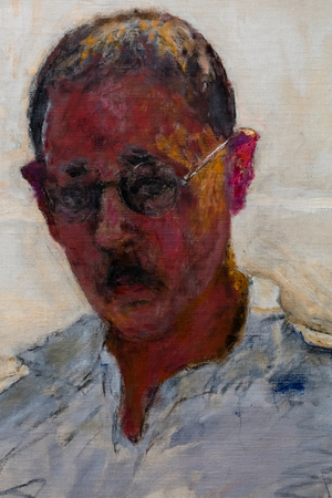 Self-portrait on a white background, shirt with open collar, detail, 1933 (oil on canvas)