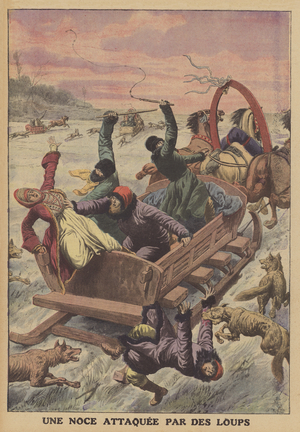 A sleigh carrying a wedding party attacked by wolves in Russia (colour litho)