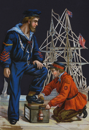 Shoeshine boy polishing a salor's boots, advertisement for Carr's Blackit shoe polish (chromolitho)