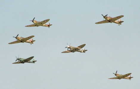 Spitfires and Hurricanes seen here during the flypast to commemorate the 50th Anniversary of the Battle of Britain, 15th September 1990 (photo)