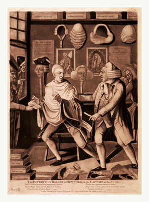 The Patriotick Barber of New York, or the Captain in the Suds, En Sanguine Engraving, a New York Barber Refusing to Finish Shaving a Customer after Learning of His British Identity.