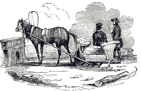 An engraving depicting a Polish cariole - a horse-drawn sledge, 19th century