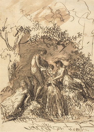 Young Girls at a Fountain, c.1790-99  (pen and brown ink with brush and brown wash, on cream laid paper)