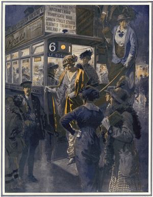 Opening of London's Season. Scenes where men most do congregate during May, June and July. 'Passengers out first, please' - the omnipresent motor bus. Published in The Sphere, 2 May 1914. (colour litho)