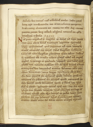 Cotton MS Tiberius A III f.60v Page from the 'Rule of Benedict and Regularis Concordia', 1055 (ink & pigments on vellum)