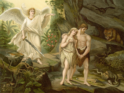 The Expulsion from Paradise (colour litho)