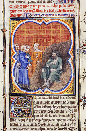 Middle East / France: Job on his Dung-hill visited by his Friends and his Wife. Bible of Petrus Comestor (died c. 1178), 1372