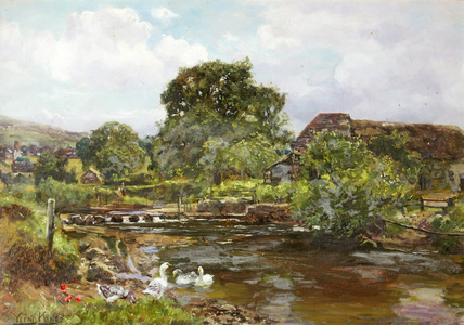 'Chagford Mill': the River Teign with Stepping Stones and Ducks