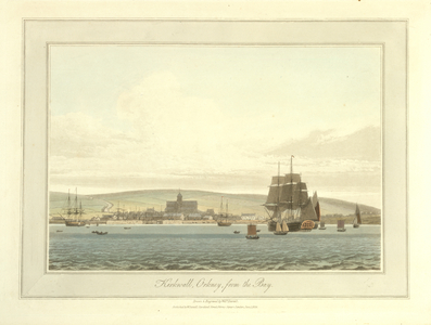 Kirkwall in Orkney. The town and cathedral from the Bay. The coastline and landscape of Great Britain. Drawn and engraved by William Daniell.