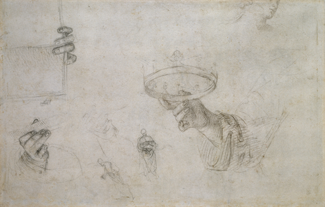 Recto: Hand holding a Crown, and other Studies for the Coronation of St Nicholas of Tolentino, WA1846.148 (black chalk with (?) charcoal on white paper)