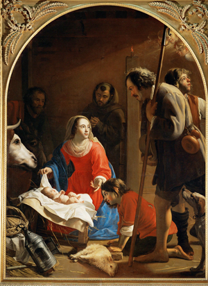 Adoration of the shepherds, in the background Saint Francis of Assisi (painting on canvas)
