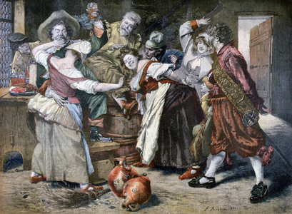 French bar scene as revellers celebrate at an inn, 1894