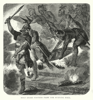 Rolf Kraki hastens from the burning hall (engraving)