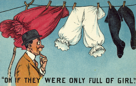 Man looking at bloomers on a washing line (colour litho)