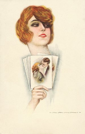 Redhead holding cards showing herself kissing a man (colour litho)