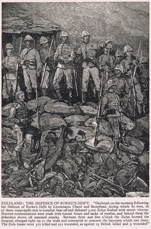 The Defence of Rorke's Drift, illustration from 'Our Fathers' by Alan Bott, 1932 (colour litho)