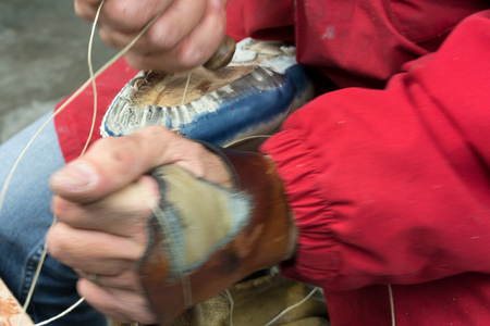 Shoe industry, Hand sewing, Corridonia, Italy, 2018 (photo)