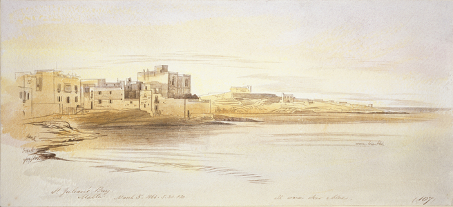 St Julian's Bay, Malta, 1866 (pen and brown ink with graphite and watercolours on off-white paper)