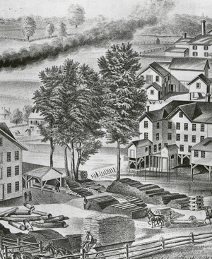 USA, Closter (New Jersey), Collignon Bros Manufactories, Patent Folding Chairs, Detail, Sawmill (engraving), 1876