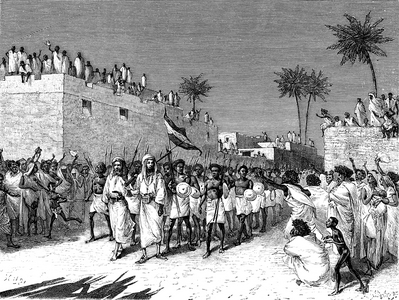 Victorious tribal Daout warriors, Somalia, Africa. 1885 (engraving)