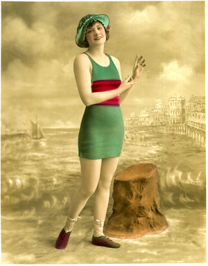 Woman in Green Swimsuit with Red Band, Striped Shoes, Portrait, c.early 1900's
