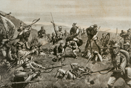 World War I (1914-1918). Serbian military confrontation (Allies) with infantry Hungarian-Croatian (Central Powers), near river Drina, between Loznica and Ljes?nica, Serbia 1915 (engraving)