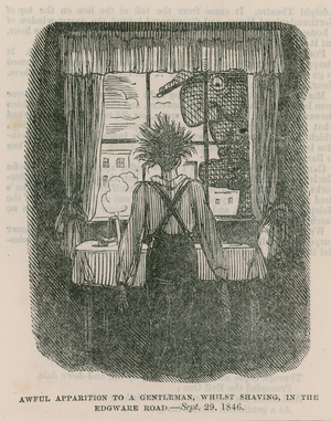 Awful apparition to a gentleman, whilst shaving, in the Edgware Road, London - 30 September1846 (engraving)