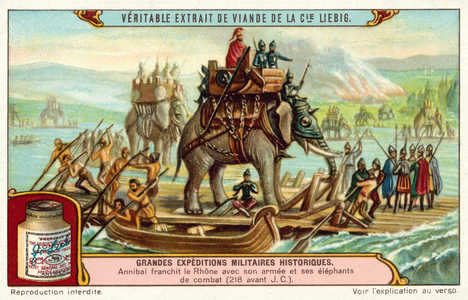 Hannibal crossing the Rhone with his army and elephants, 218 BC (chromolitho)