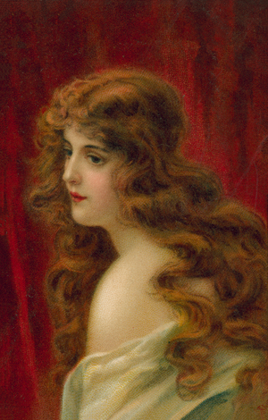 Woman with long red hair (colour litho)