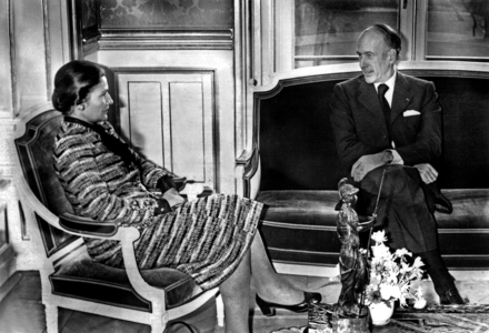 French minister of Health Simone Veil talking with French President Valery Giscard d'Estaing after the Law on Abortion had been voted in France by National Assembly November 29, 1974