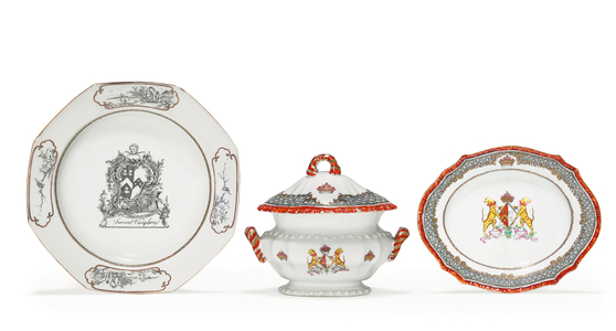 An Armorial Sauce Tureen, Cover and Stand, c.1765 (enameled ceramic)