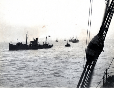 An armed trawler escorts a column of ships, c.1939-45