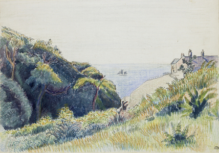 The Coastguards House, Ecclesbourne, 1918 (pen and grey ink and coloured crayons on textured paper)