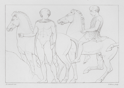 Horsemen, ancient Greek marble relief from the Parthenon Frieze (engraving)