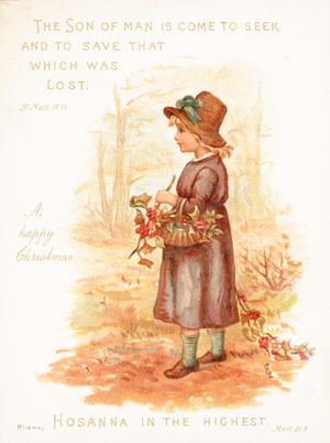 Girl carrying basket of holly, Christmas Card (chromolitho)