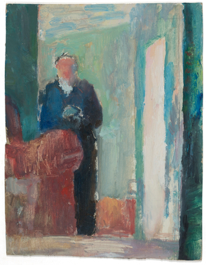 Self Portrait in Blue Overalls, 2014 (oil on board)