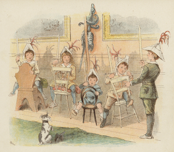Children playing soldiers (colour litho)
