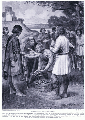 Paying rent in Saxon times, 1920's (litho)